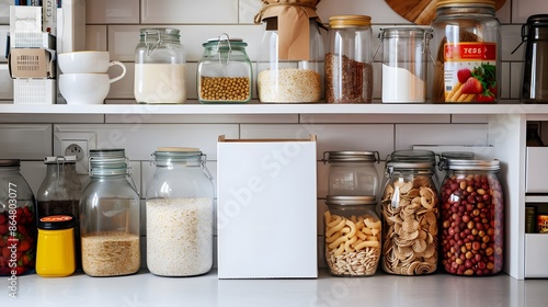 Blank Label Cereal Box: A cereal box with no label in a kitchen pantry.
