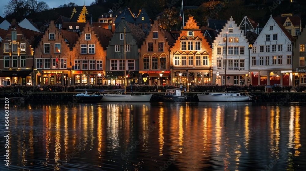 Fototapeta premium Under the veil of night, Bruges, Bergen, Norway, transforms into a mystical tableau of illuminated architecture and winding canals.