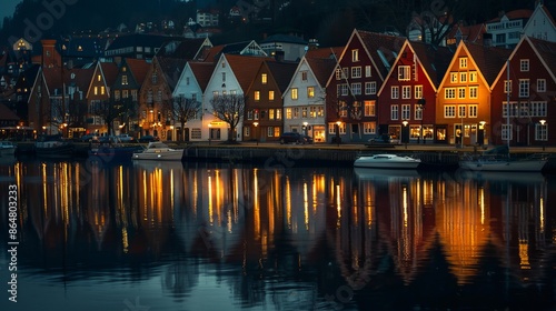 Under the veil of night, Bruges, Bergen, Norway, transforms into a mystical tableau of illuminated architecture and winding canals. photo