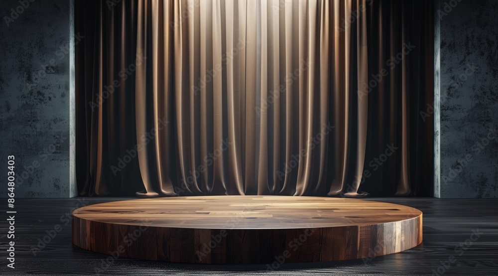 Modern wooden podium with velvet curtains for product presentation. Modern wooden podium with velvet curtains for product presentation.