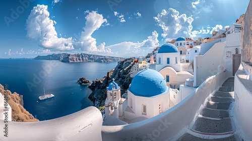 This panoramic view captures the iconic beauty of Santorini Island in the Cyclades, Greece.