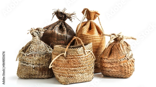 Handwoven Bags in Natural Fiber Textures on White Background