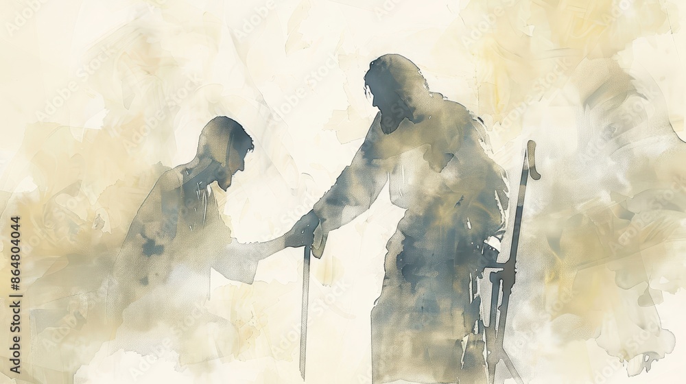 Biblical Illustration of Jesus Healing the Blind Man, Watercolor Style, Faith and Healing, Beige Background, copyspace Biblical Illustration of Jesus Healing the Blind Man, Watercolor Style, Faith and Healing, Beige Background, copyspace