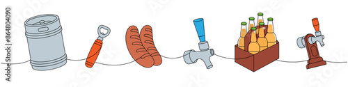 Set of beer one line colored continuous drawing. Metal keg, bottle opener, sausages, beer tap continuous one line illustration. Vector illustration.