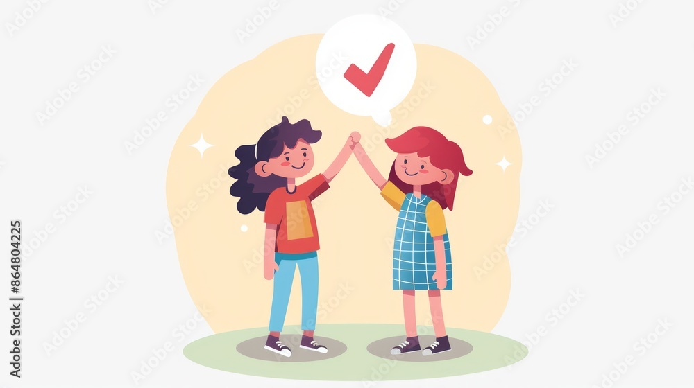 Two Kids Celebrating Success with a High Five in a Cartoon Style Two Kids Celebrating Success with a High Five in a Cartoon Style