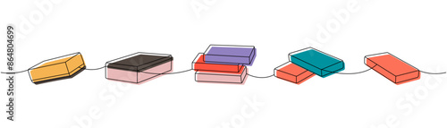 Sponges, washcloths one line colored continuous drawing. Cleaning service tools continuous one line illustration. Vector linear illustration.