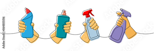 Hands with toilet cleaners one line colored continuous drawing. Cleaning service tools continuous one line illustration. Vector linear illustration.