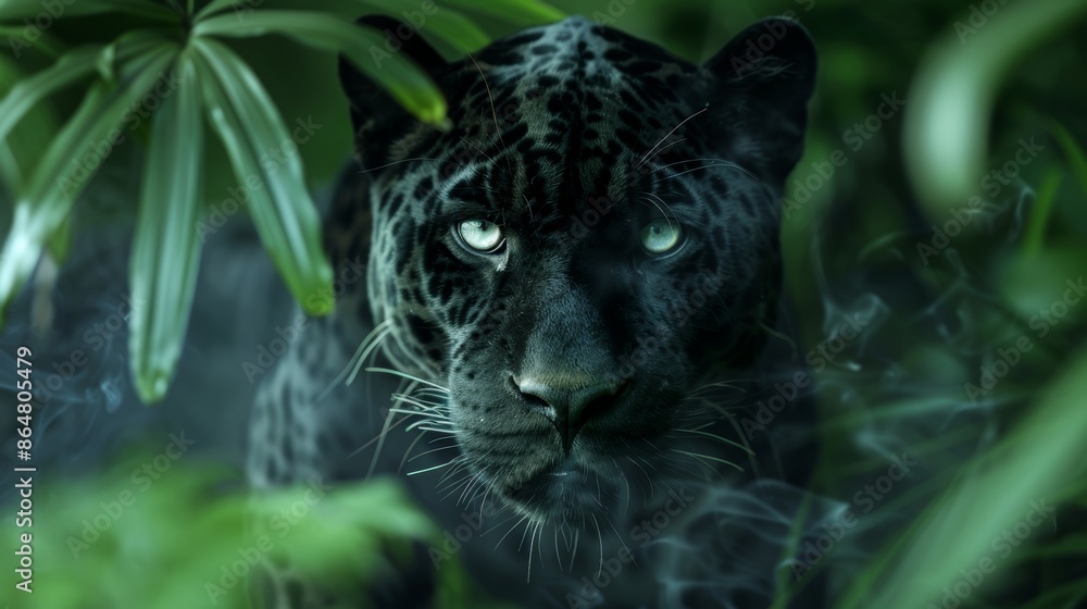Black jaguar with a fierce expression, stalking through the jungle, ghostly glowing smoke enhancing the mysterious ambiance Black jaguar with a fierce expression, stalking through the jungle, ghostly glowing smoke enhancing the mysterious ambiance