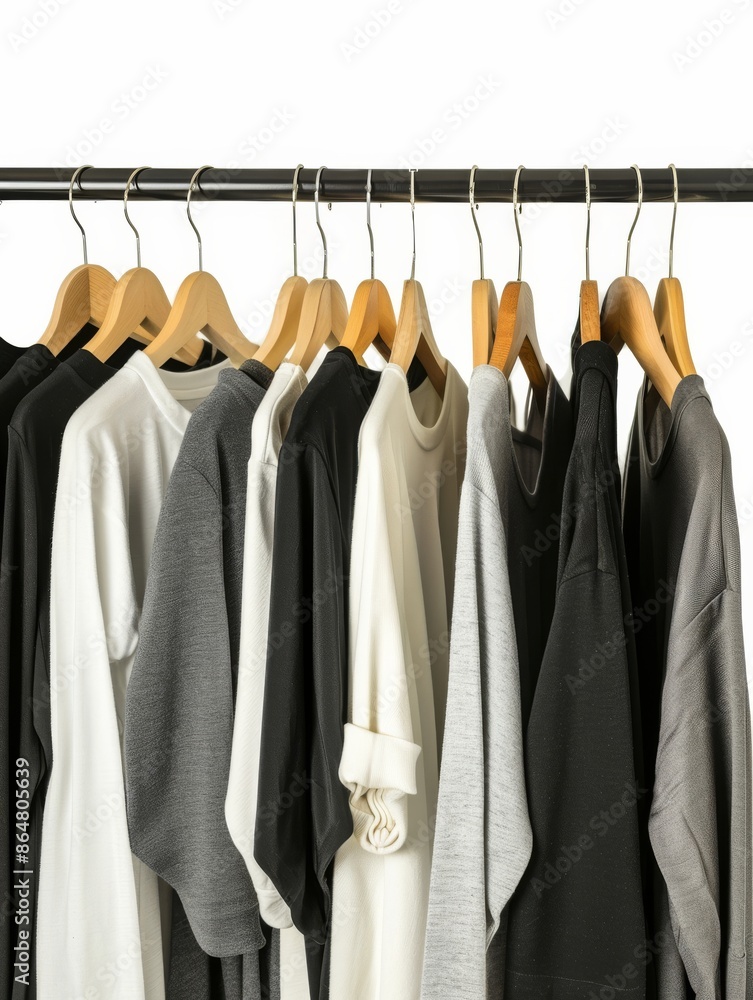White, Gray, and Black T-Shirts Hanging on Wooden Hangers White, Gray, and Black T-Shirts Hanging on Wooden Hangers