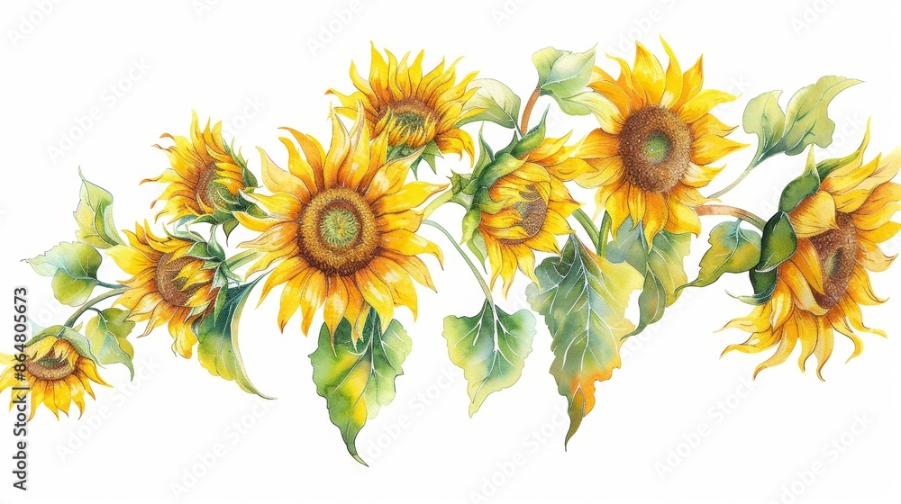 A cluster of sunflowers swaying in the breeze, hand-drawn in watercolor style. The delicate brush strokes and vibrant colors make it a perfect wall sticker for a lively ambiance A cluster of sunflowers swaying in the breeze, hand-drawn in watercolor style. The delicate brush strokes and vibrant colors make it a perfect wall sticker for a lively ambiance