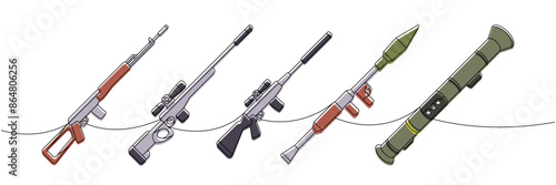 Various weapons one line colored continuous drawing. Sniper rifles, anti-tank grenade launchers continuous one line illustration. Vector illustration.