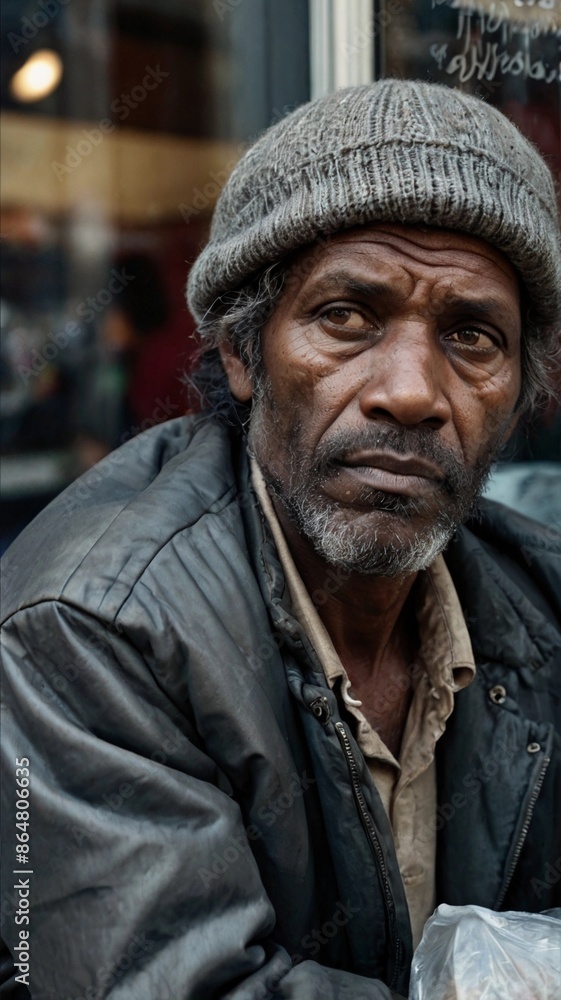 Homeless man sitting or standing near a shop window Homeless man sitting or standing near a shop window