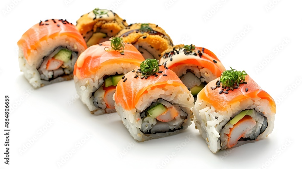 Mouthwatering Sushi Rolls on Pristine White Backdrop Mouthwatering Sushi Rolls on Pristine White Backdrop