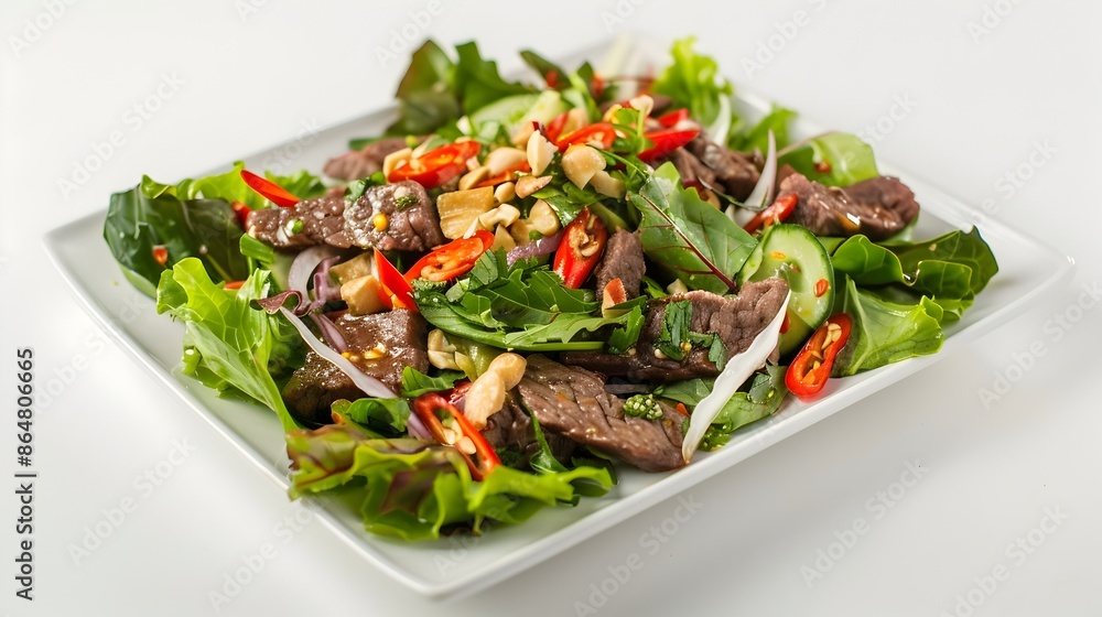 Mouthwatering Thai Beef Salad Yum Nua on White Background with Fresh Ingredients Mouthwatering Thai Beef Salad Yum Nua on White Background with Fresh Ingredients