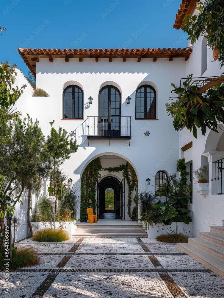 White Mediterranean-Inspired Home with Arched Doorway and Geometric Paver Courtyard, Under a Pebbled Steel Walkway, with Yellow Chair and Green Surroundings White Mediterranean-Inspired Home with Arched Doorway and Geometric Paver Courtyard, Under a Pebbled Steel Walkway, with Yellow Chair and Green Surroundings