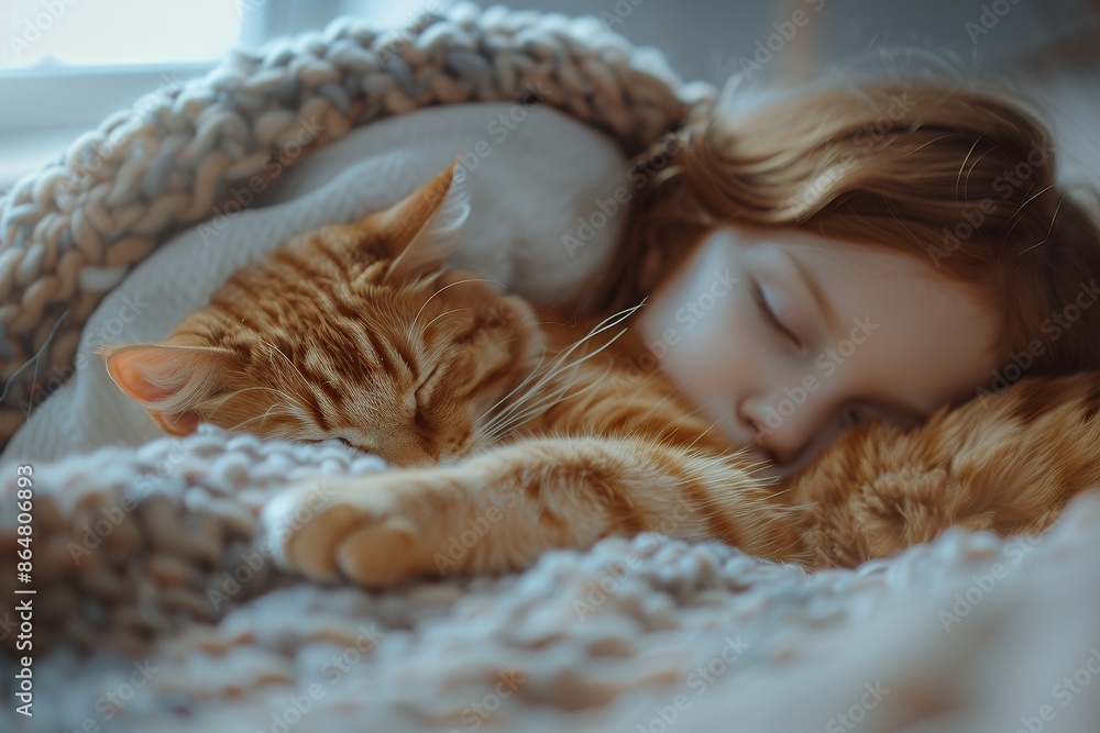 Closeup of a girl sleeping with a cat on her bed, a cute red-haired child hugging an orange, fluffy tabby housecat. A cozy home interior with soft, natural light coming in from a window. Detailed text Closeup of a girl sleeping with a cat on her bed, a cute red-haired child hugging an orange, fluffy tabby housecat. A cozy home interior with soft, natural light coming in from a window. Detailed text