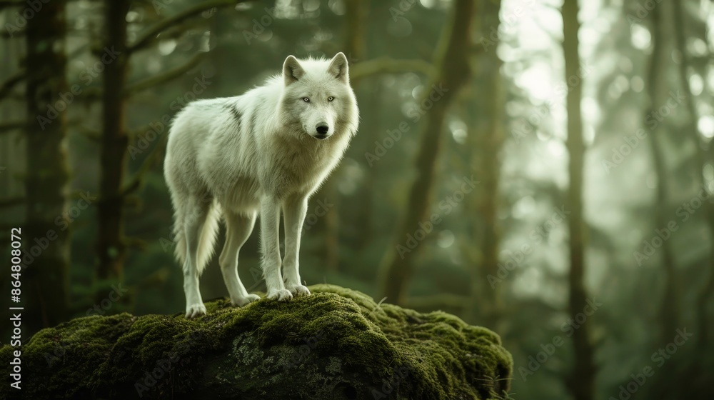 Enigmatic white wolf with radiant fur, standing on a mossy rock in a twilight forest, bathed in soft, magical light Enigmatic white wolf with radiant fur, standing on a mossy rock in a twilight forest, bathed in soft, magical light