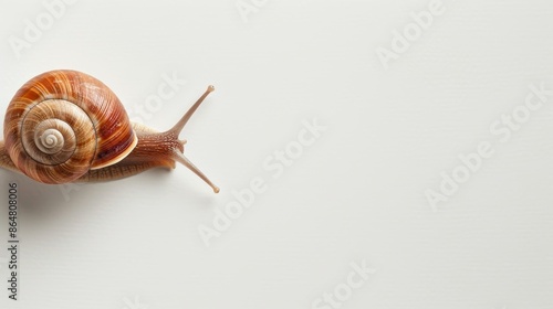 Elegant snail with a glossy shell on a blank white wall, subtle shadows, and natural light, high-resolution detail