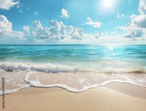 Fototapeta Naklejka Na Ścianę i Meble -  A beautiful sandy beach with waves gently lapping at the shore under a clear blue sky 