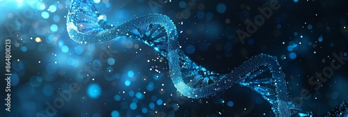 Moffitt Style Abstract Background with DNA Double Helix and Glowing Particles, Futuristic Biotechnology Theme, Blue Color Scheme, High Resolution, Highly Detailed