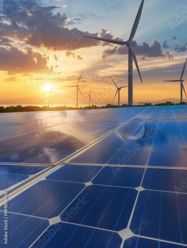 Solar Panels and Wind Turbines at Sunset in a Field