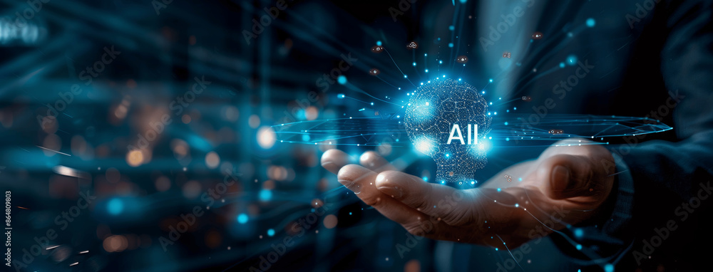 Fototapeta premium AI Technology Businessman Digital Hologram Future Business Deep Learning Big Data Machine Learning Cyber Network Connection Innovation Communication Abstract Concept