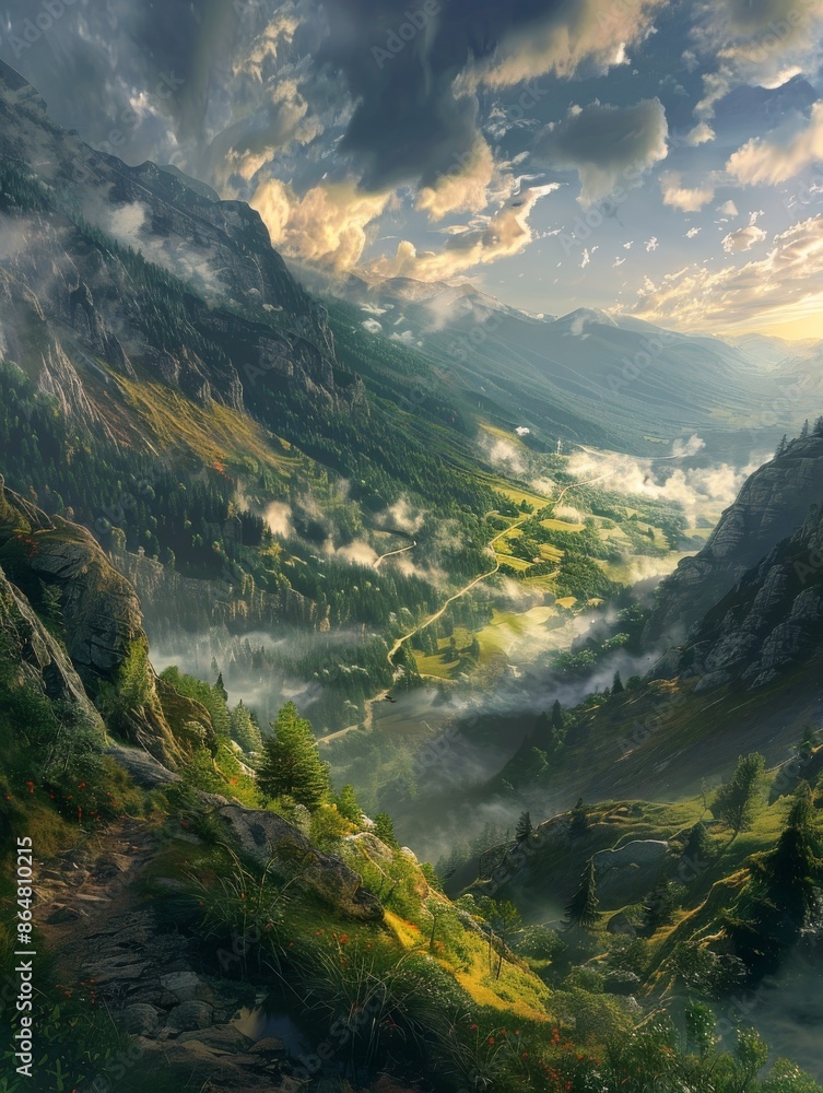 Majestic Mountain Valley With Rolling Clouds and Winding Road at Sunset
