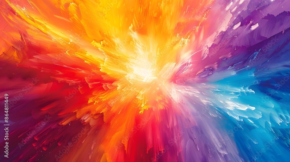 Obraz premium Colorful abstract background explosion of colors with a central burst of bright hues radiating outward, blending into a gradient of complementary colors
