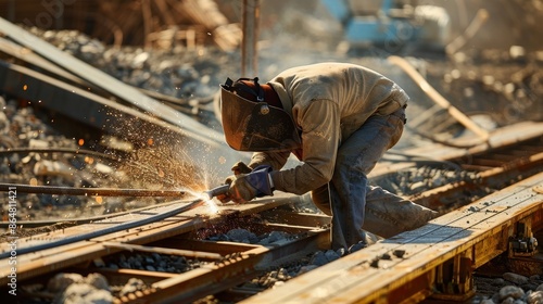 A welder works on railroad tracks in a scrap yard
