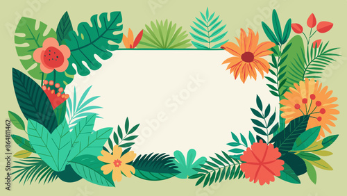 Horizontal floral frame. Tropical foliage and branches. Template for banner, card, poster, greetings, header illustration