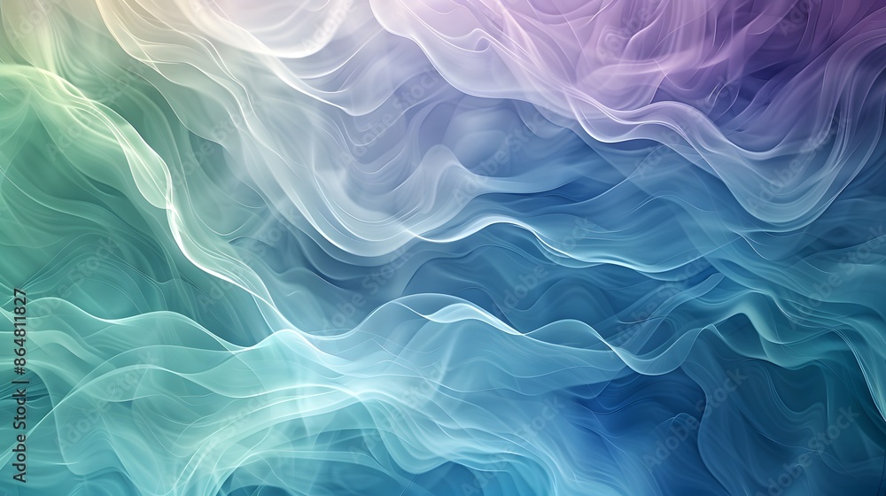 Fototapeta premium abstract colorful background with a soft blend of blues, greens, and purples, resembling a smoke color painting with gentle, flowing lines, smoke waves, fluid art