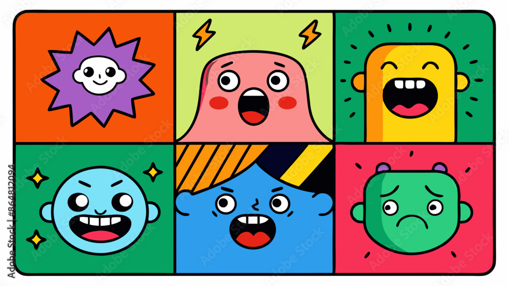 Square abstract comic Faces with various Emotions. Crayon drawing style. Different colorful characters. Cartoon style. Flat design. Hand drawn trendy graphic Square abstract comic Faces with various Emotions. Crayon drawing style. Different colorful characters. Cartoon style. Flat design. Hand drawn trendy graphic