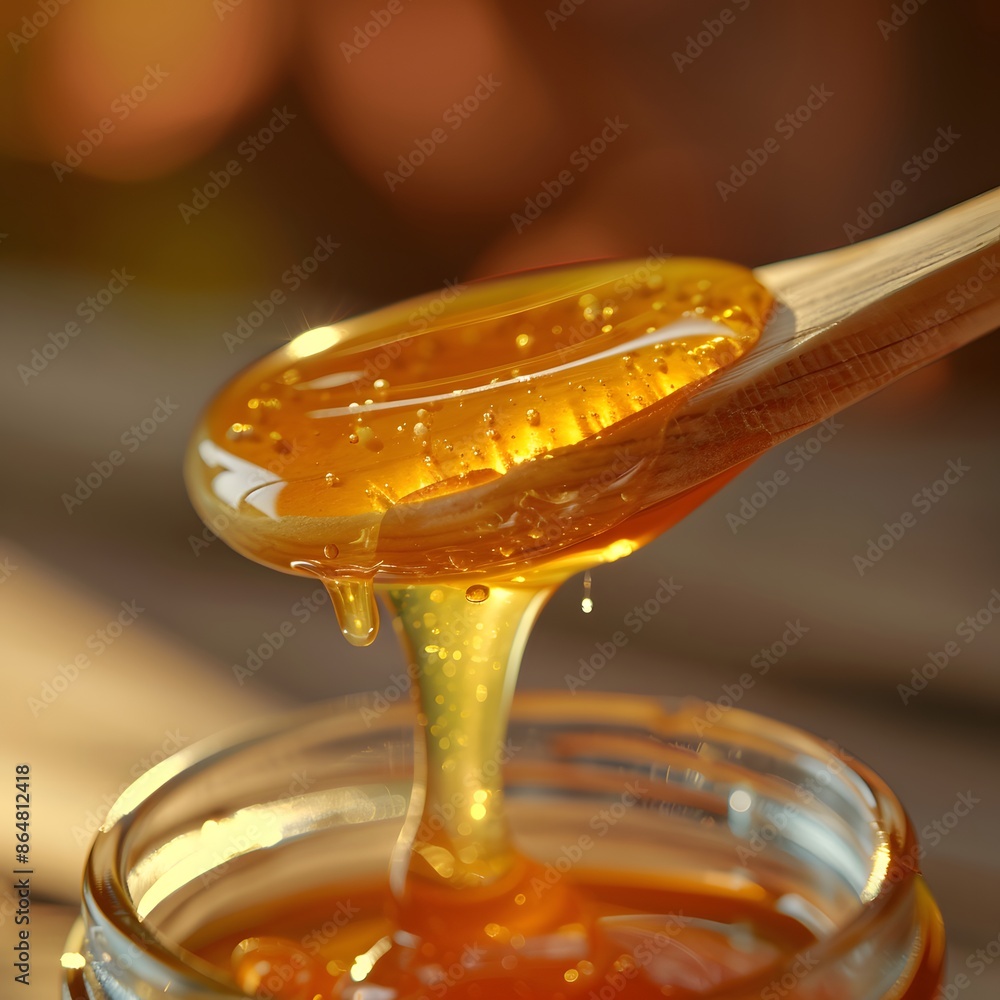 Honey Dropping from a Spoon Golden honey slowly dripping Honey Dropping from a Spoon Golden honey slowly dripping
