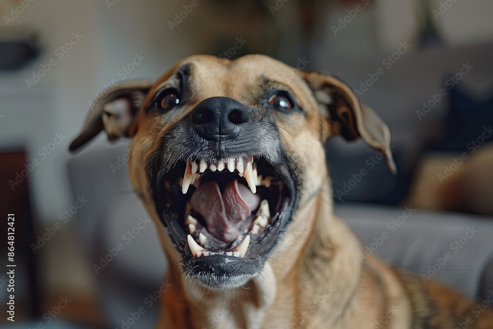Aggressive dog with sharp teeth barking and growling, attacking the viewer Aggressive dog with sharp teeth barking and growling, attacking the viewer