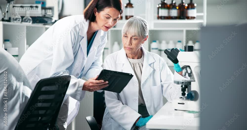 Microscope, science and technology with women in laboratory for breakthrough, discovery or experiment. Innovation, medicine and research with scientist team at work on cure or vaccine for biology Microscope, science and technology with women in laboratory for breakthrough, discovery or experiment. Innovation, medicine and research with scientist team at work on cure or vaccine for biology