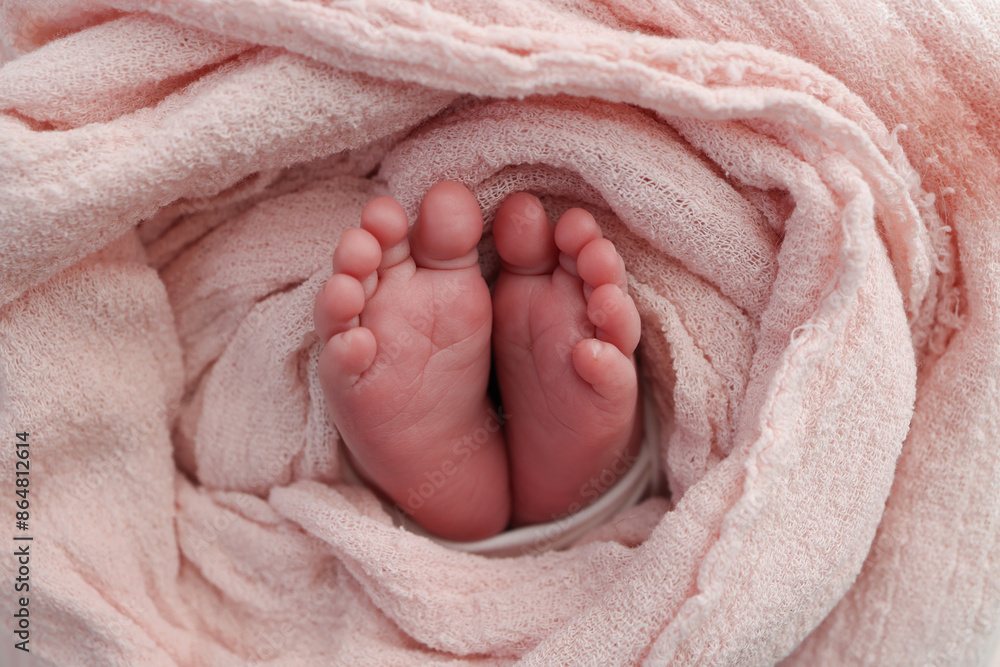 Close-up of tiny, cute, bare toes, heels and feet of a newborn girl, boy. Baby foot on pink soft coverlet, blanket. Detail of a newborn baby legs. Macro horizontal professional studio photo. Close-up of tiny, cute, bare toes, heels and feet of a newborn girl, boy. Baby foot on pink soft coverlet, blanket. Detail of a newborn baby legs. Macro horizontal professional studio photo.