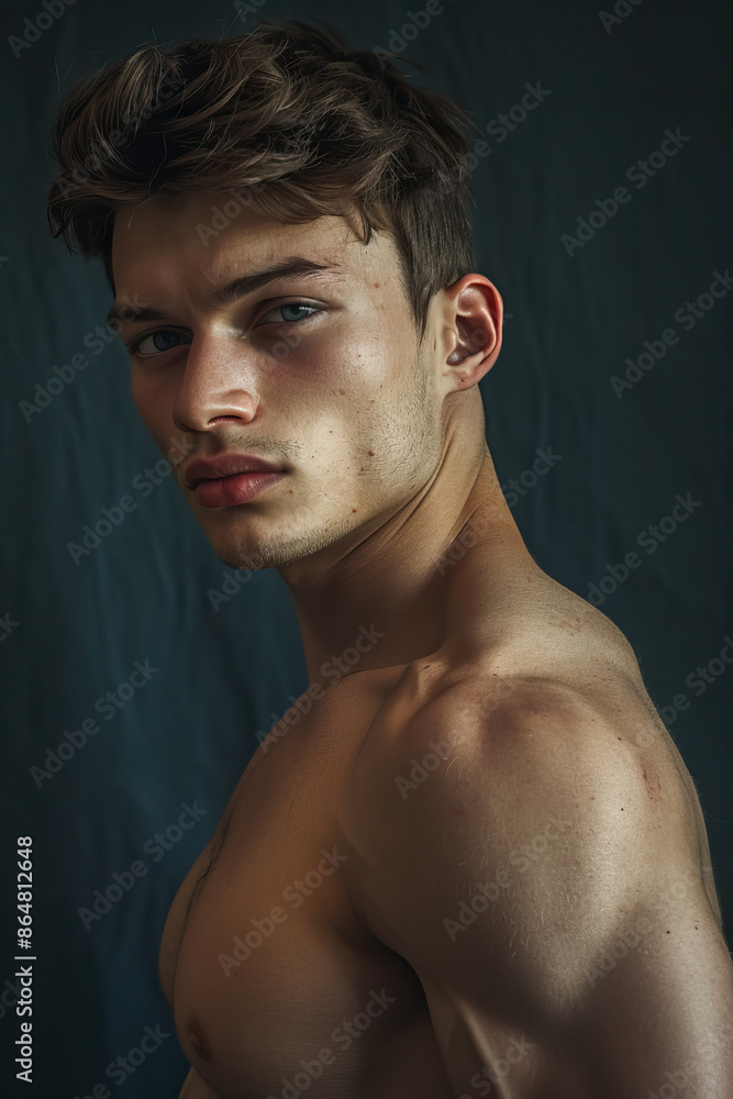 Striking portrait of shirtless Hot Young Man against isolated dark background