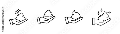 Black single foam Cream on hand line icon set, simple skin cleanser flat design vector pictogram, vector infographic for app logo website button ui ux interface.