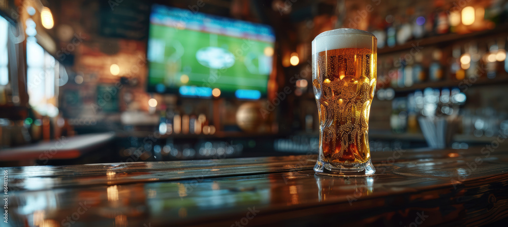Beer Glass on Bar with Soccer Game on TV Beer Glass on Bar with Soccer Game on TV