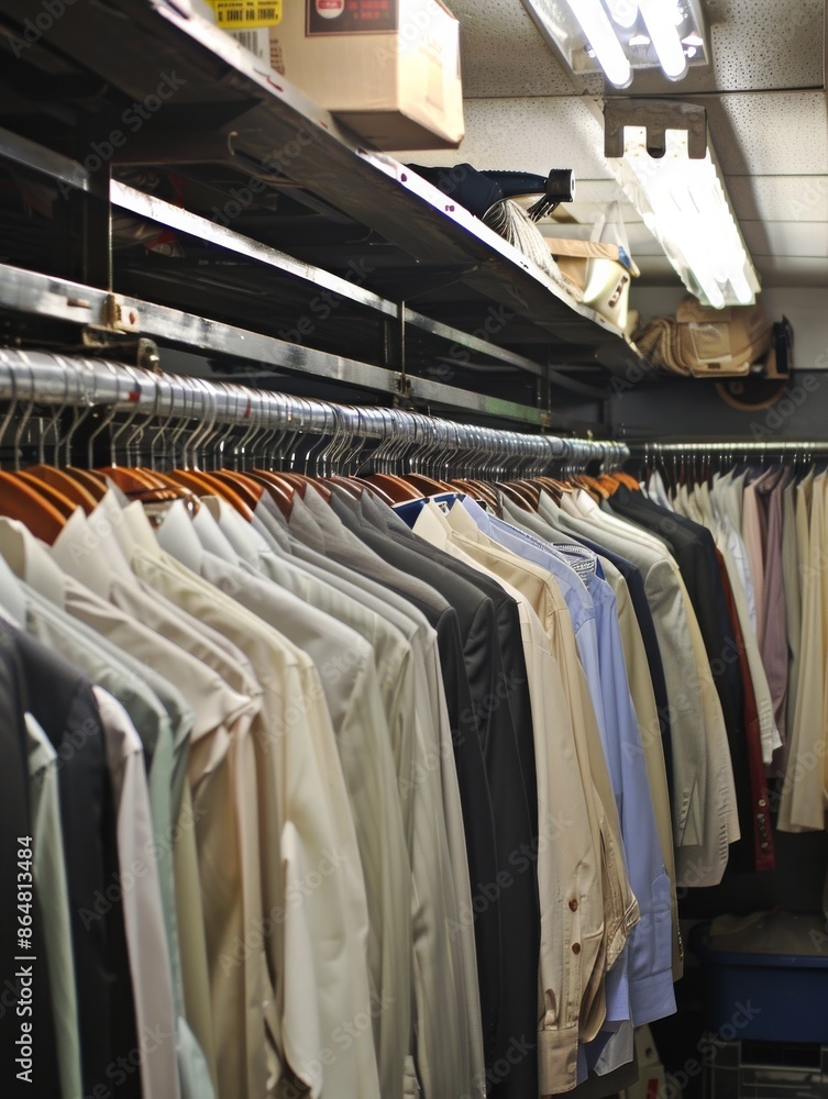 Rows of Cleaned and Pressed Shirts Hanging in a Dry Cleaners Rows of Cleaned and Pressed Shirts Hanging in a Dry Cleaners