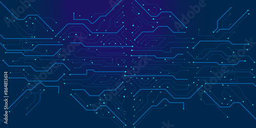 High-tech circuit board connection system concept. Vector abstract technology illustration Circuit board on blue background.