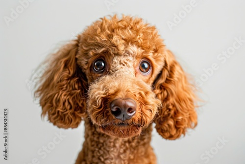 Curious red poodle dog posing for the camera against a sleek gray background in a stylish portrait session