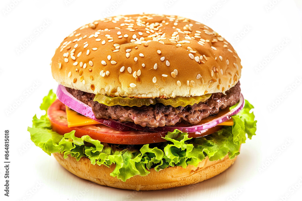 Big Tasty Hamburger with Cheese, Beef, Latto's, Onion, and Tomato with White Background, Generative AI. Big Tasty Hamburger with Cheese, Beef, Latto's, Onion, and Tomato with White Background, Generative AI.
