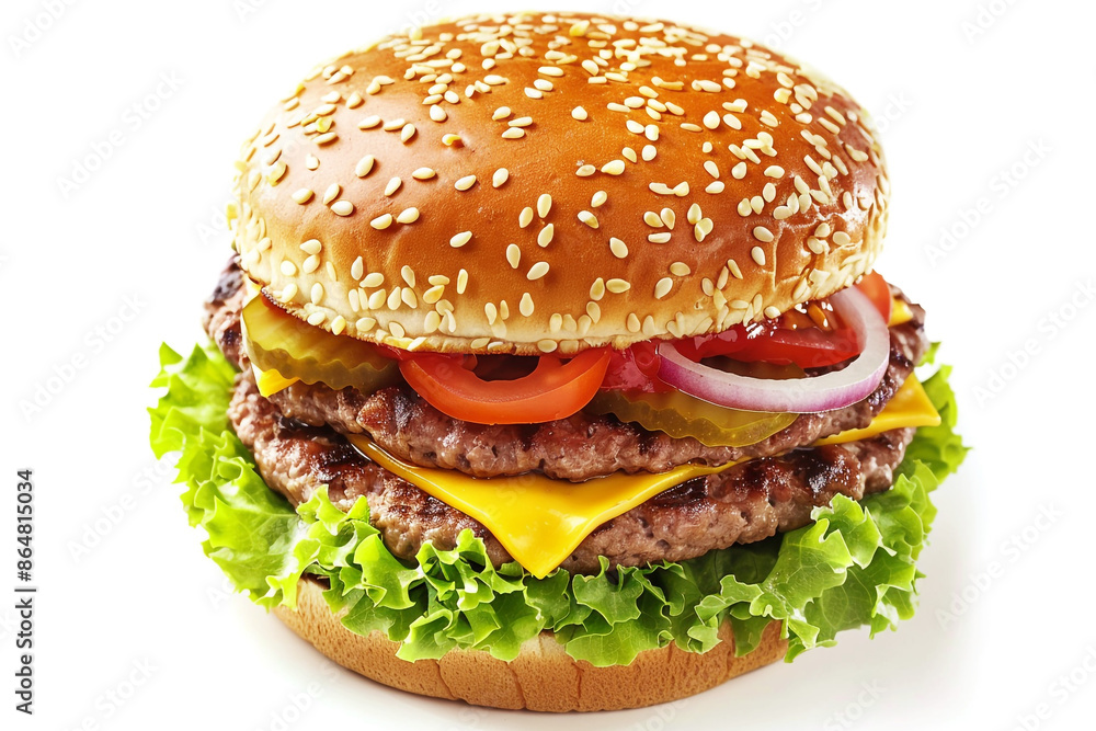 Big Tasty Hamburger with Cheese, Beef, Latto's, Onion, and Tomato with White Background, Generative AI. Big Tasty Hamburger with Cheese, Beef, Latto's, Onion, and Tomato with White Background, Generative AI.