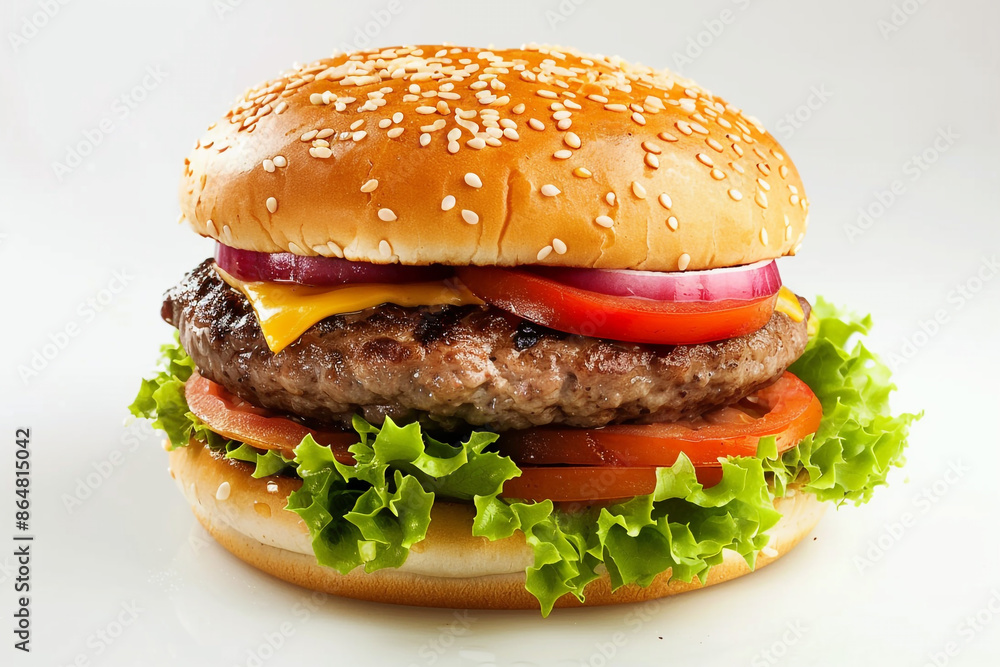 Big Tasty Hamburger with Cheese, Beef, Latto's, Onion, and Tomato with White Background, Generative AI. Big Tasty Hamburger with Cheese, Beef, Latto's, Onion, and Tomato with White Background, Generative AI.