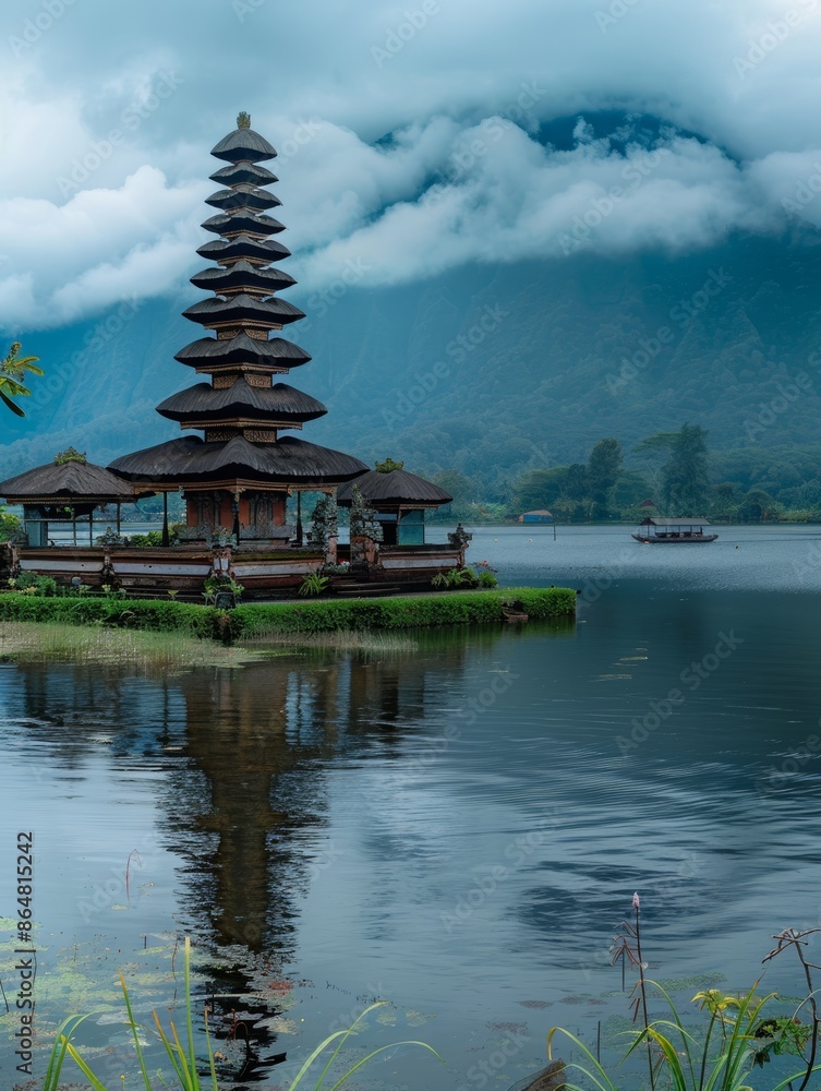 Ulun Danu Bratan Temple on Lake Beratan in Bali, Indonesia at Dawn Ulun Danu Bratan Temple on Lake Beratan in Bali, Indonesia at Dawn