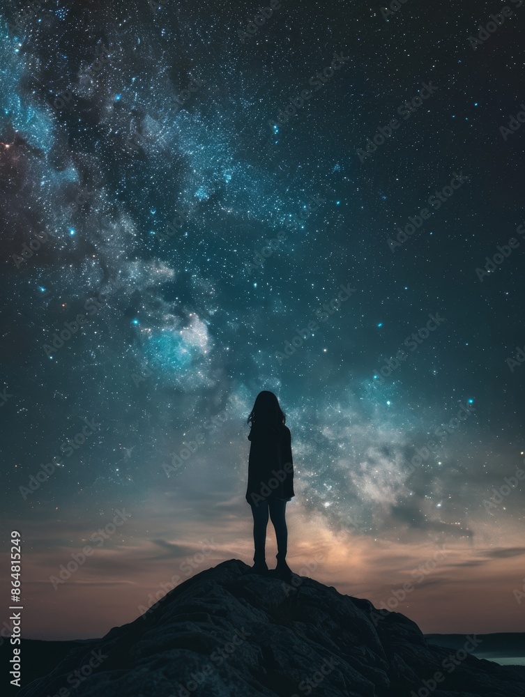 Silhouette of a Woman Gazing at the Milky Way on a Rocky Hilltop at Night Silhouette of a Woman Gazing at the Milky Way on a Rocky Hilltop at Night