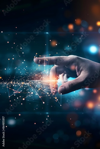 A hand interacts with digital particles and technology elements, representing innovation and futuristic concepts in a dark background.
