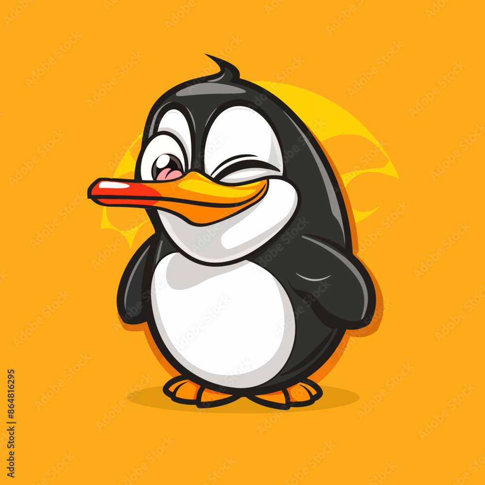 Fototapeta premium cartoon character logo, Penguin, winking, smiling, 2d, vector illustration, mascot logo