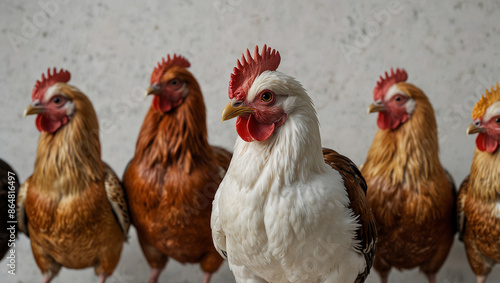 The image shows three brown chickens, one facing the camera. They are standing on a light-colored surface. photo